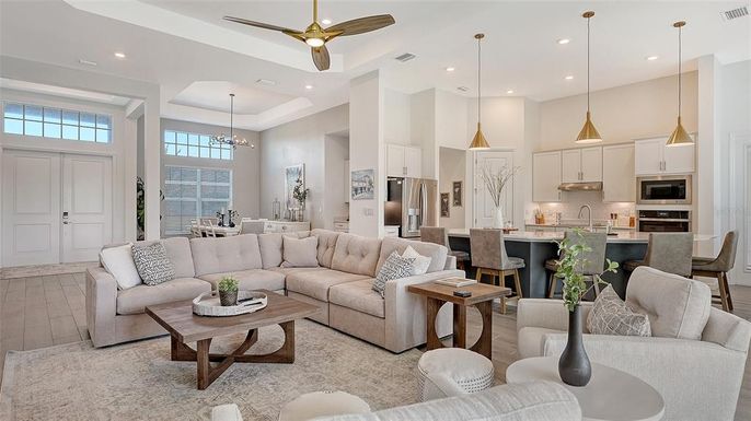 Dining room, Interior, Kitchen, Living room, Pendant Lights, Recessed Lighting, Stainless Steel Appliances, Wood Texture Flooring