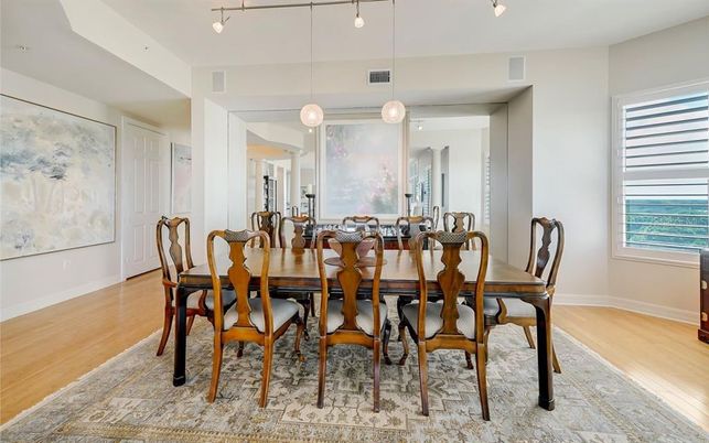 Dining room, Interior, Pendant Lights, Wood Texture Flooring