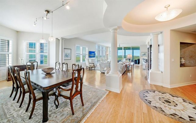 Dining room, Interior, Living room, Pendant Lights, Wood Texture Flooring