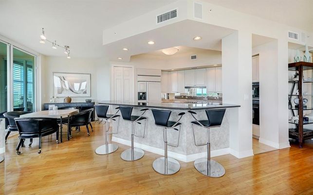 Dining room, Interior, Kitchen, Recessed Lighting, Wood Texture Flooring