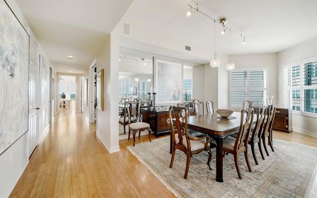 Dining room, Interior, Pendant Lights, Wood Texture Flooring