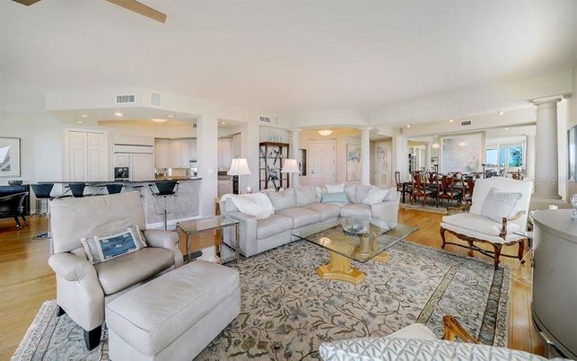 Dining room, Interior, Kitchen, Living room, Recessed Lighting, Stainless Steel Appliances, Wood Texture Flooring