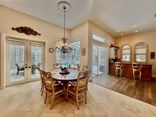 Chandelier, Dining room, Interior, Kitchen, Recessed Lighting, Wood Texture Flooring