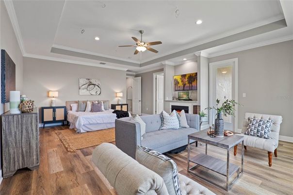 Bedroom, Fireplace, Interior, Living room, Recessed Lighting, Wood Texture Flooring
