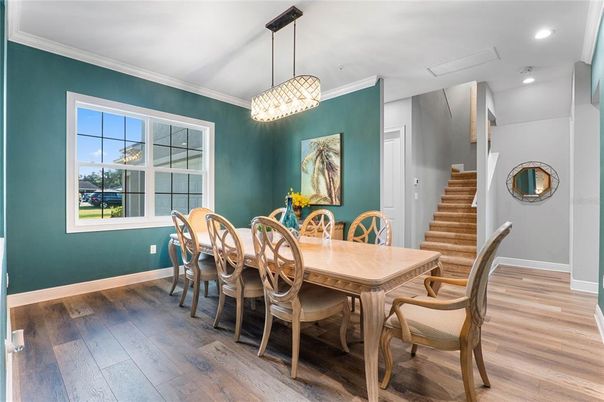 Dining room, Interior, Pendant Lights, Recessed Lighting, Wood Texture Flooring
