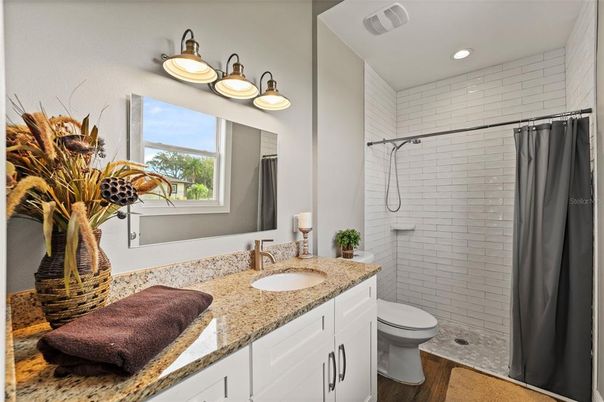 Bathroom, Interior, Recessed Lighting, Wood Texture Flooring