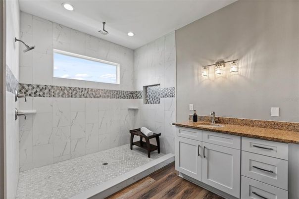 Bathroom, Interior, Marble Walls, Recessed Lighting, Wood Texture Flooring