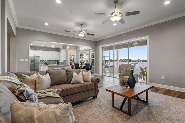Dining room, Interior, Kitchen, Living room, Recessed Lighting, Stainless Steel Appliances, Wood Texture Flooring