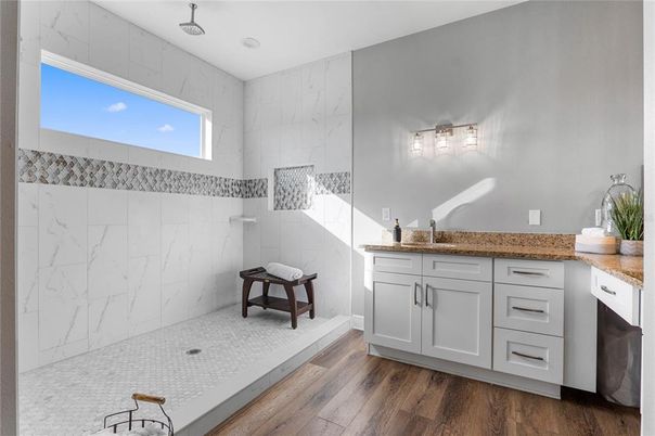 Bathroom, Interior, Marble Walls, Wood Texture Flooring