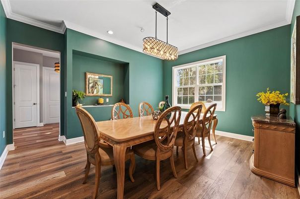 Dining room, Interior, Pendant Lights, Recessed Lighting, Wood Texture Flooring