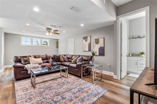 Interior, Living room, Recessed Lighting, Wood Texture Flooring