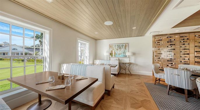 Dining room, Interior, Recessed Lighting, Wine Storage, Wooden Ceilings, Wood Texture Flooring
