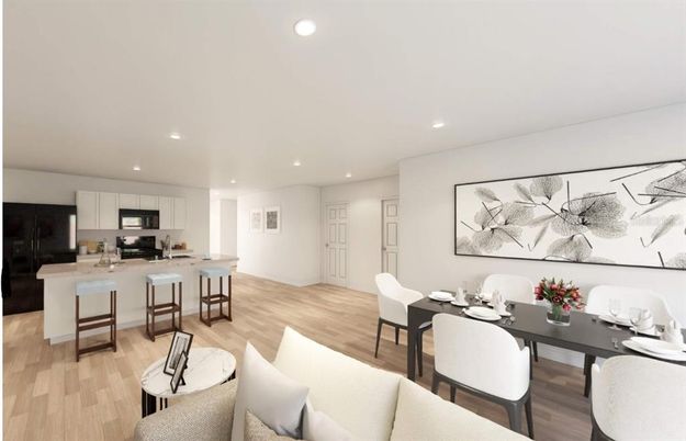 Dining room, Interior, Kitchen, Living room, Recessed Lighting, Wood Texture Flooring