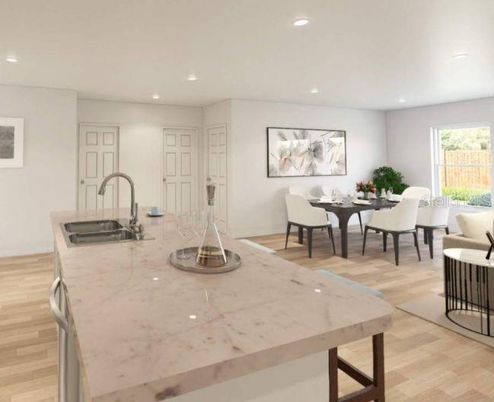 Dining room, Interior, Kitchen, Recessed Lighting, Wood Texture Flooring