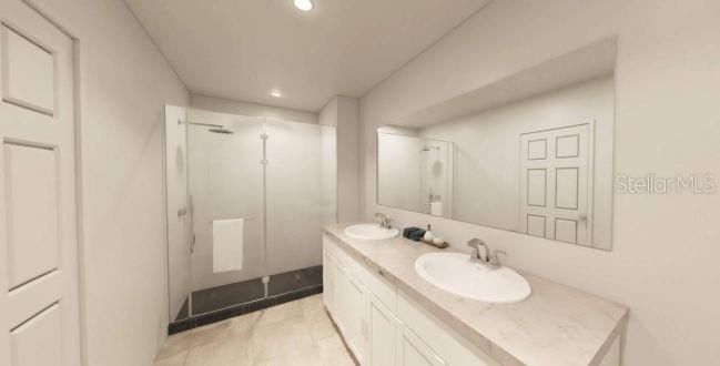 Bathroom, Dual Sink Vanities, Glass Shower, Interior, Recessed Lighting