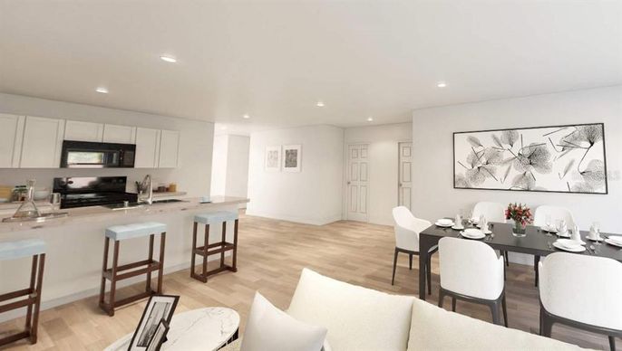 Dining room, Interior, Kitchen, Living room, Recessed Lighting, Wood Texture Flooring
