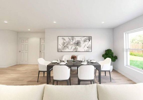 Dining room, Interior, Recessed Lighting, Wood Texture Flooring