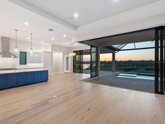 Chandelier, Interior, Kitchen, Pendant Lights, Recessed Lighting, Wood Texture Flooring