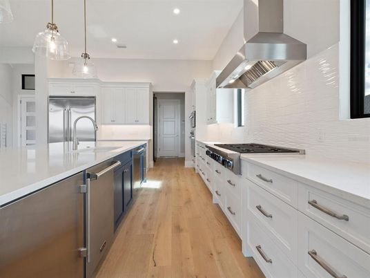 Interior, Kitchen, Pendant Lights, Recessed Lighting, Stainless Steel Appliances, Wood Texture Flooring