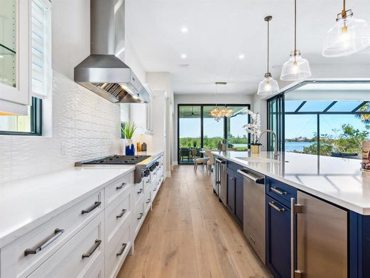 Dining room, Interior, Living room, Pendant Lights, Recessed Lighting, Water, Wood Texture Flooring