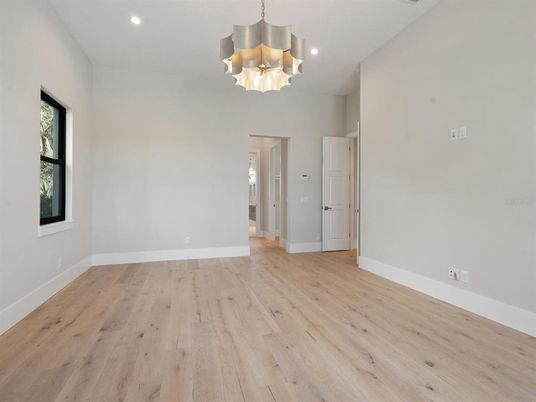Chandelier, Empty room, Interior, Recessed Lighting, Wood Texture Flooring