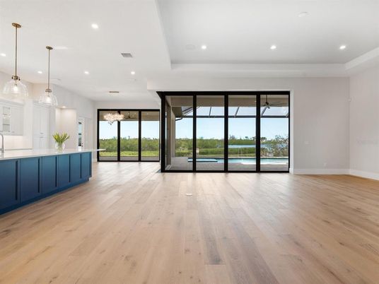 Empty room, Interior, Kitchen, Pendant Lights, Recessed Lighting, Wood Texture Flooring