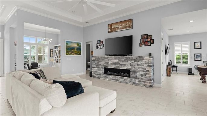 Fireplace, Interior, Living room, Marble, Piano, Recessed Lighting