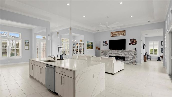 Fireplace, Interior, Kitchen, Living room, Pendant Lights, Recessed Lighting