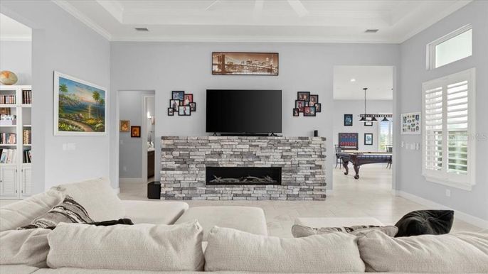 Billiard Table, Fireplace, Game Room, Interior, Living room, Pendant Lights, Recessed Lighting