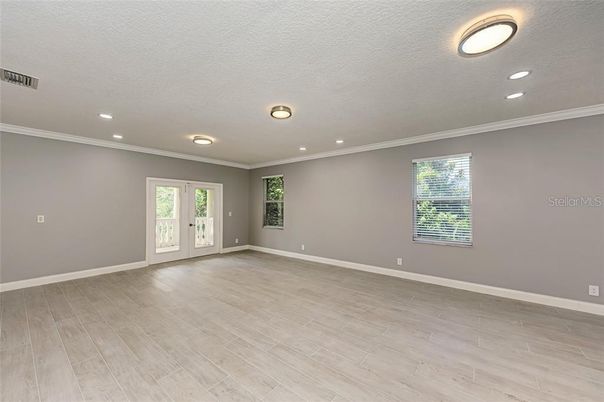Empty room, Interior, Recessed Lighting, Wood Texture Flooring