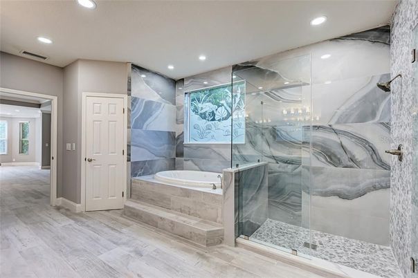 Bathroom, Glass Shower, Interior, Marble Walls, Recessed Lighting, Wood Texture Flooring