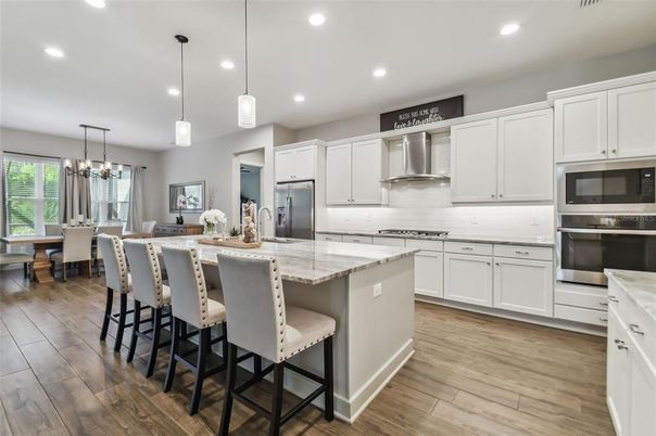 Dining room, Interior, Kitchen, Pendant Lights, Recessed Lighting, Stainless Steel Appliances, Wood Texture Flooring