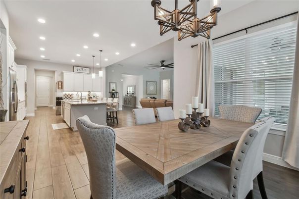 Chandelier, Dining room, Interior, Kitchen, Pendant Lights, Recessed Lighting, Wood Texture Flooring