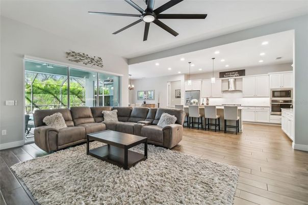 Interior, Kitchen, Living room, Pendant Lights, Recessed Lighting, Stainless Steel Appliances, Wood Texture Flooring