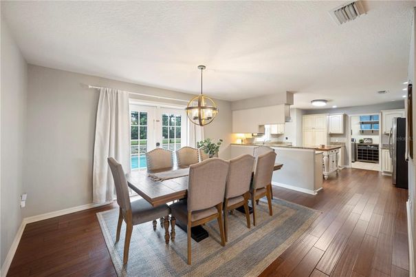 Dining room, Interior, Kitchen, Pendant Lights, Wood Texture Flooring