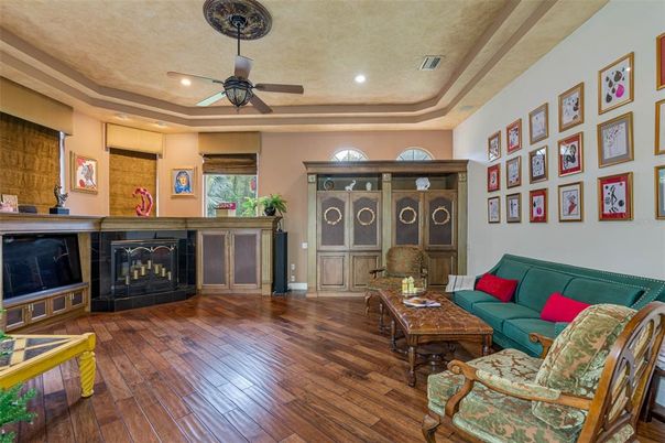 Fireplace, Interior, Living room, Recessed Lighting, Wood Texture Flooring