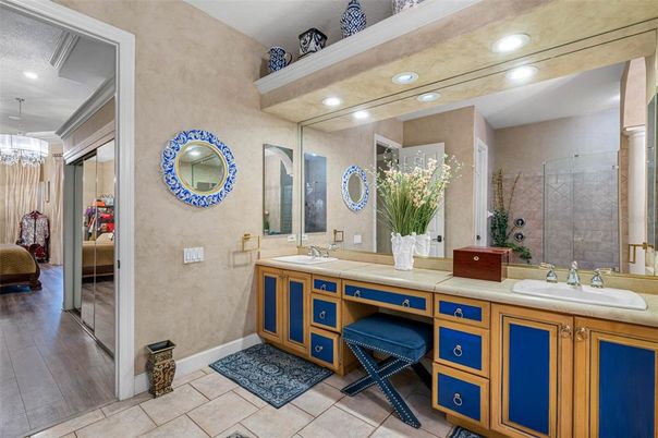 Bathroom, Dual Sink Vanities, Interior, Recessed Lighting, Wood Texture Flooring