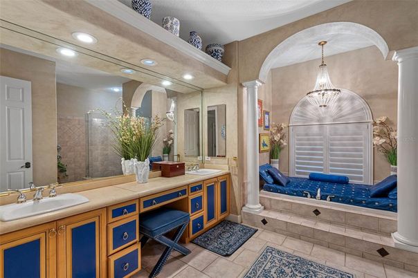 Bathroom, Dual Sink Vanities, Interior, Pendant Lights, Recessed Lighting