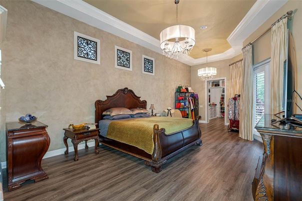 Bedroom, Chandelier, Interior, Wood Texture Flooring