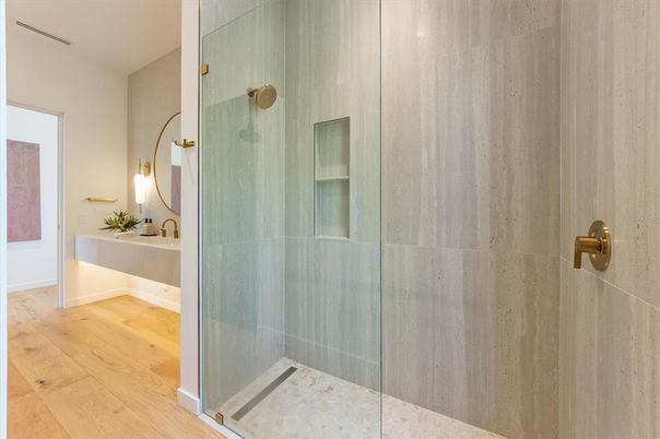 Bathroom, Glass Shower, Interior, Wood Texture Flooring