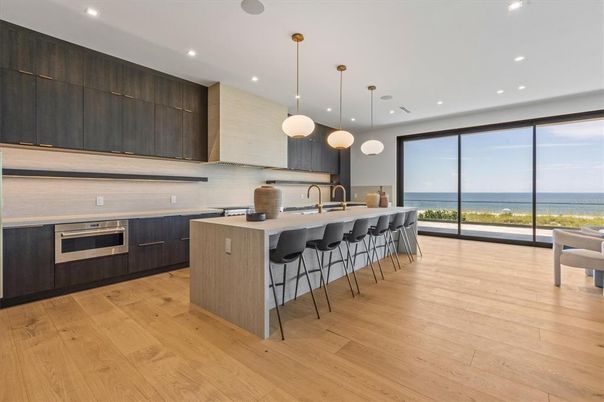Interior, Kitchen, Pendant Lights, Recessed Lighting, Stainless Steel Appliances, Water, Wood Texture Flooring