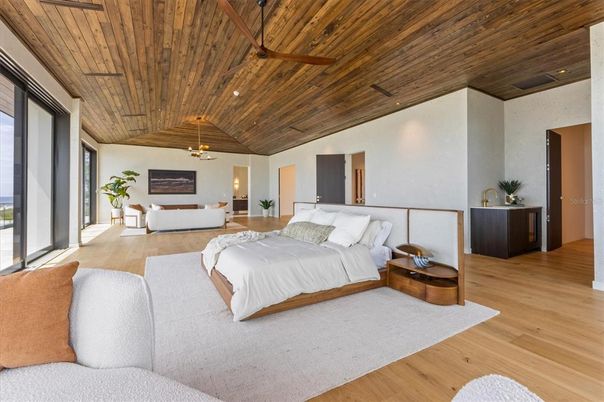 Bedroom, Interior, Recessed Lighting, Wooden Ceilings, Wood Texture Flooring