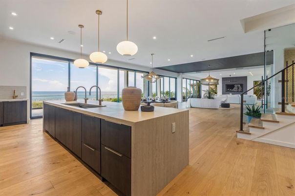 Dining room, Interior, Kitchen, Living room, Pendant Lights, Recessed Lighting, Water, Wood Texture Flooring