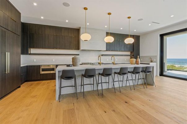 Interior, Kitchen, Pendant Lights, Recessed Lighting, Stainless Steel Appliances, Water, Wood Texture Flooring