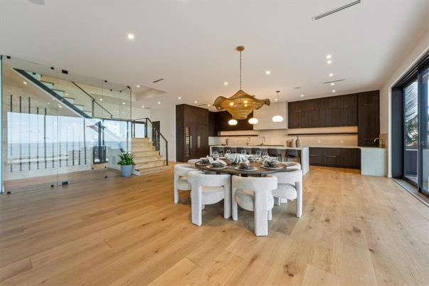 Dining room, Interior, Kitchen, Pendant Lights, Recessed Lighting, Stainless Steel Appliances, Wood Texture Flooring