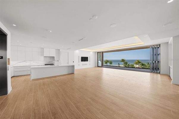 Interior, Kitchen, Marble Walls, Recessed Lighting, Water, Wood Texture Flooring