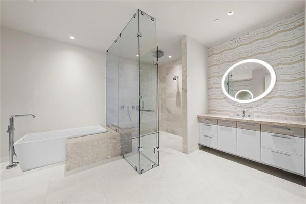 Bathroom, Free Standing Baths, Glass Shower, Interior, Recessed Lighting