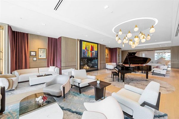 Fireplace, Interior, Living room, Pendant Lights, Piano, Recessed Lighting, Wood Texture Flooring