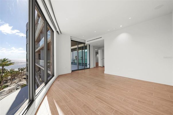 Empty room, Interior, Recessed Lighting, Water, Wood Texture Flooring