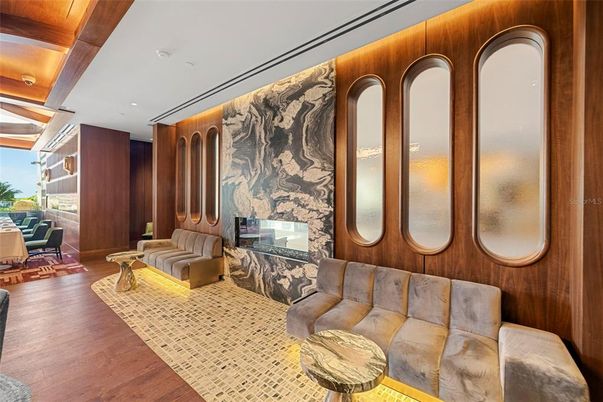 Fireplace, Interior, Living room, Recessed Lighting, Wood Texture Flooring, Wooden Walls